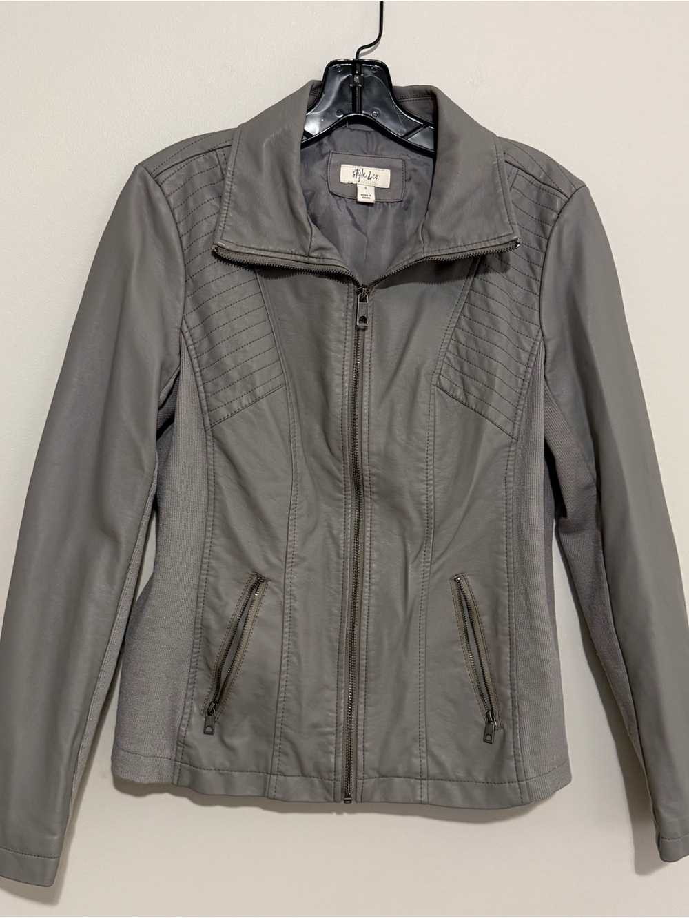 Style & Co Gray Faux Leather Moto Jacket Quilted Stretch Panels